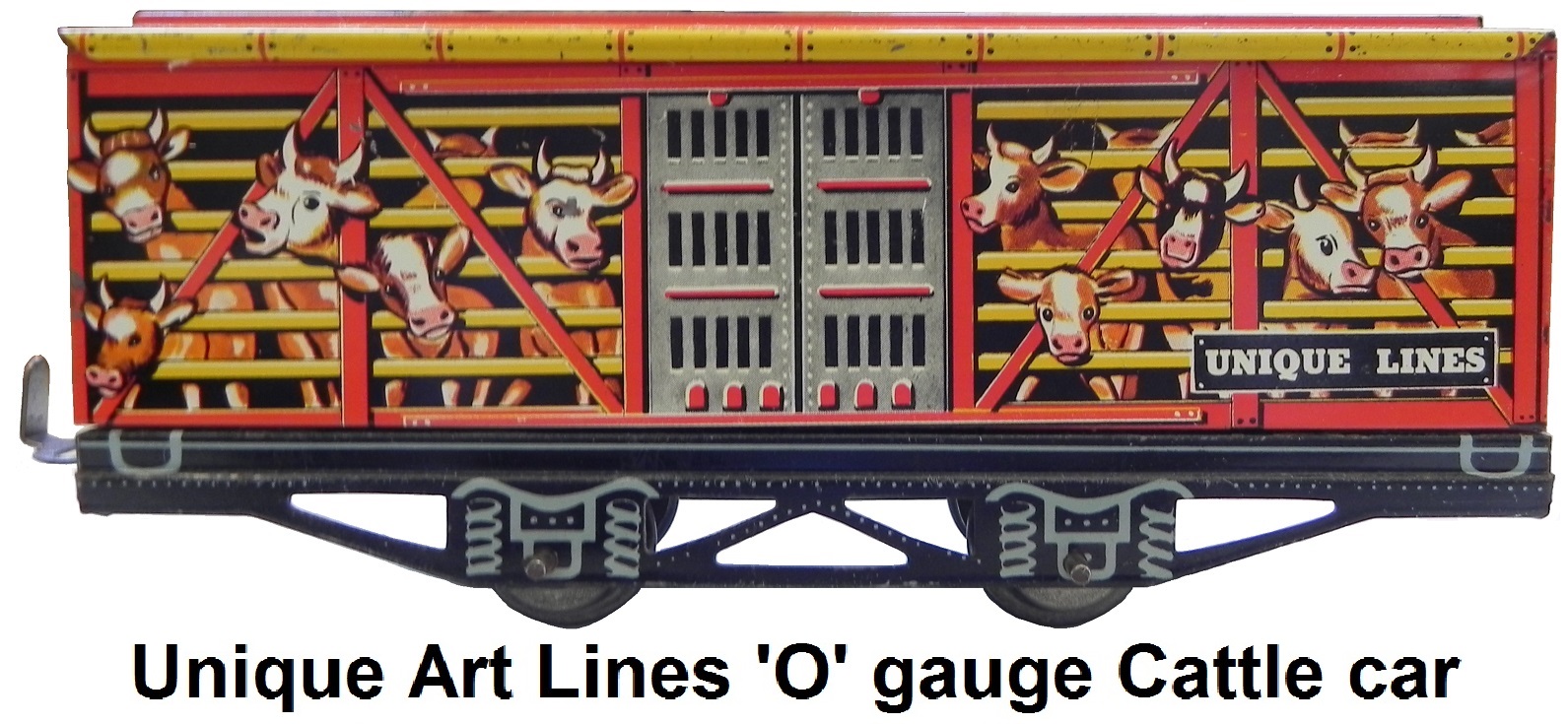 Unique Art tinplate 'O' gauge cattle car with comical lithography, catalogued in only one set 1949-51