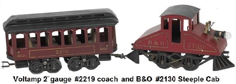 Voltamp 2 inch gauge B & O Steeple Cab and coach #2130 painted tin electric engine with wood floor and finely detailed cast iron frame with a #2219 painted tin passenger car with wood seats