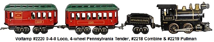 Voltamp #2220 0-4-0 Locomotive, 4-wheel Pennsylvania Tender, #2218 Combine and #2219 Pullman