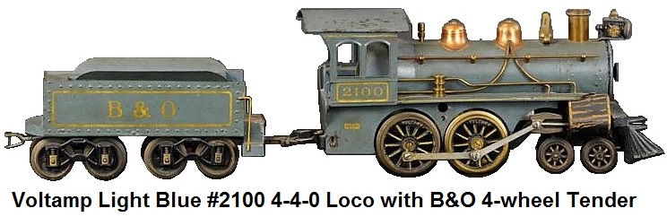 Voltamp #2100 4-4-0 locomotive with B & O tender, both done in light blue color