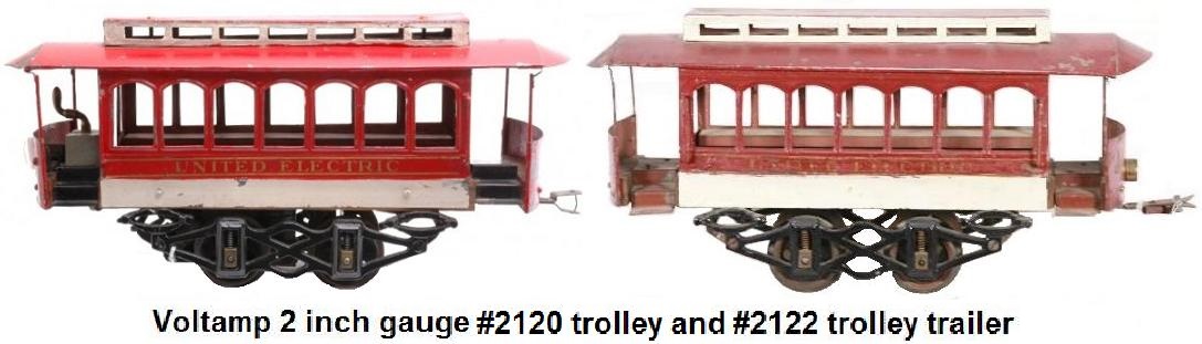 A Voltamp #2120 Trolley and #2122 Trolley trailer in 2 inch gauge