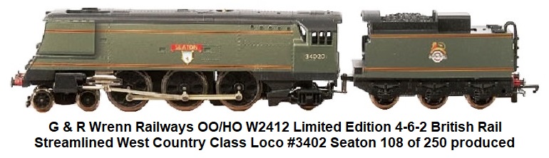 G & R Wrenn Railways OO/HO gauge W2412 Limited Edition 4-6-2 BR green Streamlined West Country Class Loco #3402 Seaton number 108 of 250 produced