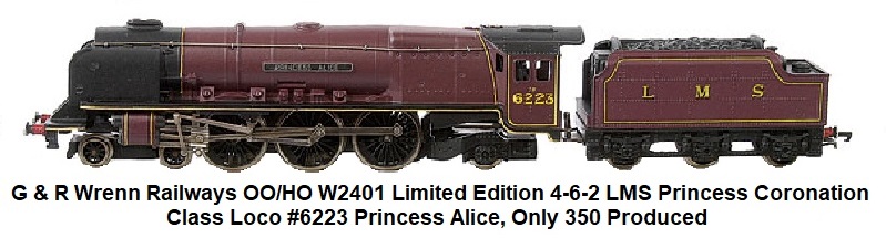 G & R Wrenn Railways OO/HO W2401 Limited Edition 4-6-2 LMS maroon Princess Coronation Class Locomotive #6223 Princess Alice No.296 of 350 produced