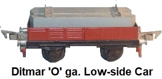 Ditmar 'O' gauge 4-wheel low-side car with wood load in brown, 16cm