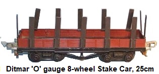 Ditmar 'O' gauge 8-wheel stake car in brown, 25cm