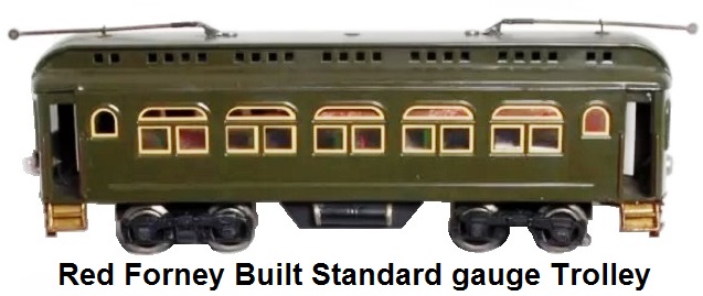 Red Forney built standard gauge trolley with a horizontal postwar diesel motor with an E unit. Trucks are constructed from postwar 'O' gauge parts