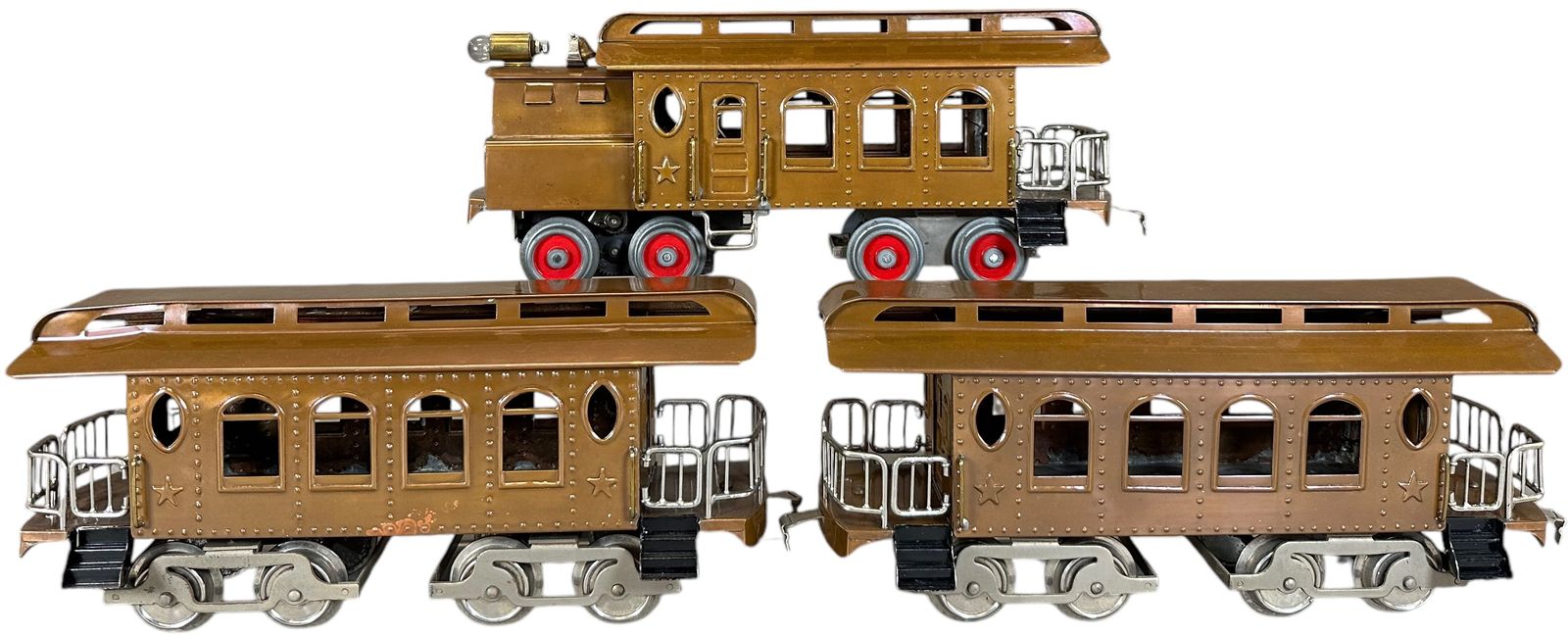 Cantey Johnson built Grammes Standard ga set with Lionel motor, drive unit and non-powered wheel set in loco, fit with Lionel type couplers