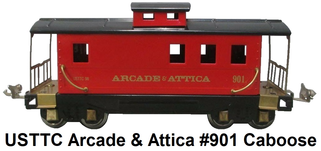 USTTC 'O' gauge United States Toy Train Company Item #901 Arcade & Attica Railroad caboose, red with gold lettering, black roof